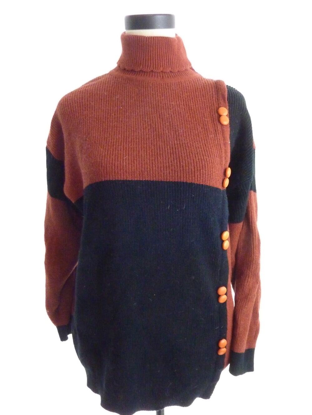 Womens Colorblock Knit Sweater M Black Rust Button High Neck Long Sleeve Top